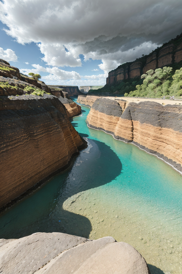 63391-2221987682-dramatic sandstone valley in lush nature with river, cracked boulders and waterfall, azure_teal water,  cliffs, stormy clouds, b.png